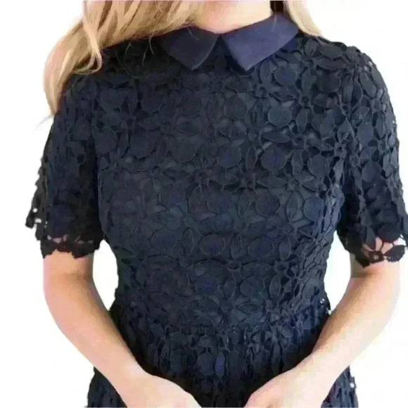 Jessakae Collared Navy Lace Overlay Short Sleeve Zip Back Midi Dress Women’s M - Picture 2 of 10